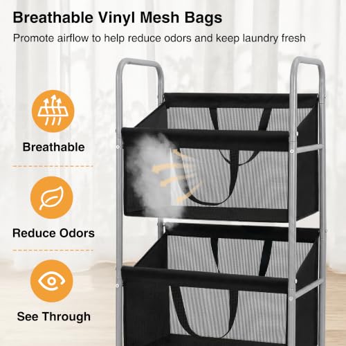 3-Tier Vertical Rolling Laundry Hamper, Removable Bags, Black Mesh | 120L Capacity, Space-Saving Vertical Design, Rust-Resistant Steel Frame, Lockable Wheels, Ideal for Apartments & Small Spaces