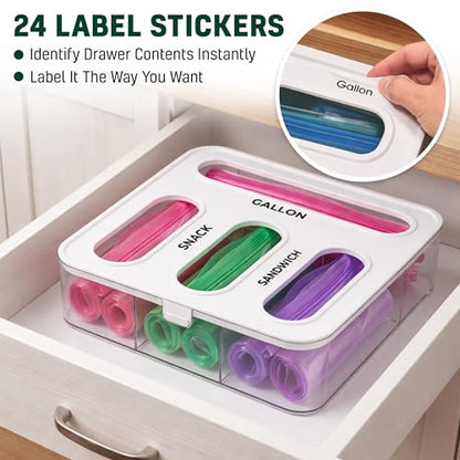 HIMUS Food Storage Bag Organizer - 4 in 1 Plastic Baggie Organizer for Drawer | Compatible with Sandwich, Snack, Gallon, Quart & Slider | Plastic Bag Organizers Kitchen Storage| Wall & Drawer Mount