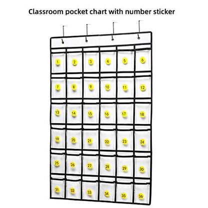 SAVERHO 36 Clear Pockets Classroom Pocket Chart for Cell Phones, Pocket Chart for Calculator Phone Holder with 36 Number Stickers and Hooks (White)