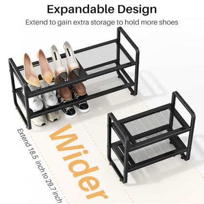 Expandable Metal Shoe Rack for Closet, Entryway & Garage, 2-Tier, Black | Adjustable Height for Boots, Stackable Design, Dense Mesh Shelves for Heels, Fits Small Spaces, Apartments and Rentals