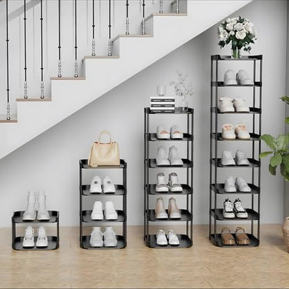6 Tier Vertical Narrow Shoe Rack, Stackable Tall Skinny Shoerack, Compact Single Shoes Storage Tower for Slim Space, Corner Plastic Shelves, for Hallways, Entryway, Bedrooms Organizer, Black