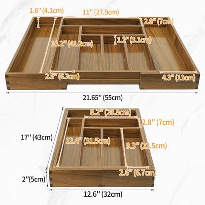 Luxury Acacia Kitchen Drawer Organizer - Silverware Organizer - Utensil Holder and Cutlery Tray with Grooved Drawer Dividers for Flatware and Kitchen Utensils (8 Slot), 17*12.4*2 inch