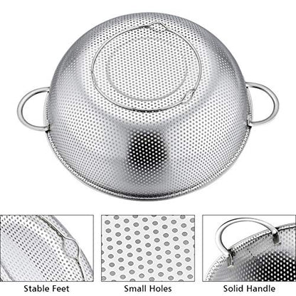 P&P CHEF Colander Set of 3, 1/3/5 Qt, Stainless Steel Colanders Strainers | Metal Micro-Perforated Colanders and Strainers for Draining Rinsing Washing, Ideal for Pasta Fruits, Dishwasher Safe