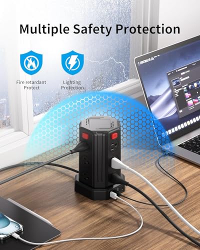 Power Strip 6.5 Ft Extension Cord with 12 AC Multiple Outlets 4 USB (1 USB C), SMALLRT Power Strip Tower Desktop Charging Station for Home Office College Dorm Essentials