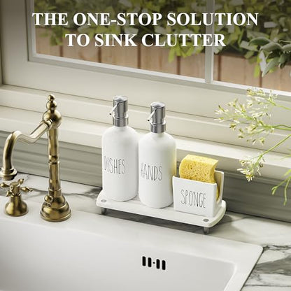 Kitchen Soap Dispenser Set Comes with Ceramics Sponge Holder, Gold Pumps, and Instant Dry Tray, Hand and Dish Soap Dispenser Set (4, Silver + White + Sponge Holder)