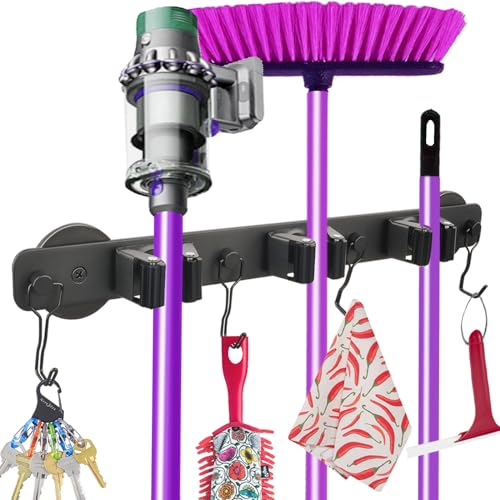 Heavy Duty Magnetic Mop Broom Holder with Swivel Hooks | Strong Magnet Mount Tool Hanger Organize System Utility Rack for Refrigerators Laundry Garage Kitchen