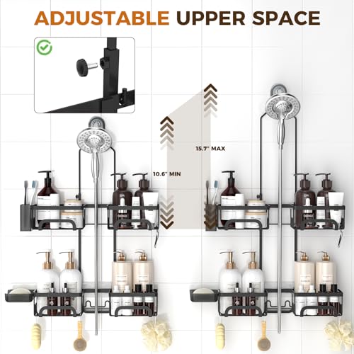 Split Shower Caddy Hanging for Handheld Showerheads, Black | Adjustable Shower Organizer, Rustproof, 16 Hooks, Soap Holder, 40lbs Capacity, Anti-Slip, Tool-Free, Bathroom Accessories