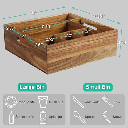 ALELION Acacia Wood Utensil Holder for Party - Paper Plate Organizer for Countertop - Silverware Caddy with 6 Compartments for Plate, Cup, Fork, Spoon - Cutlery Holder for Kitchen Camping Buffet