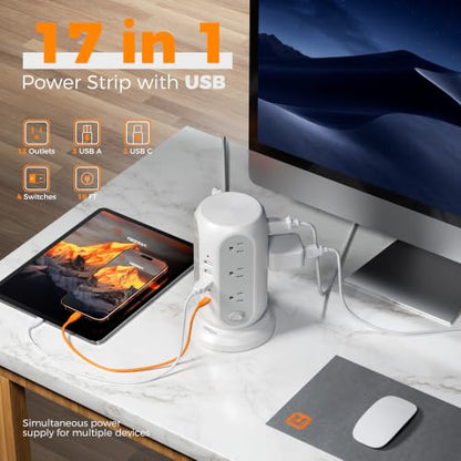 TESSAN Tower Power Strip Surge Protector, Flat Extension Cord 10 Ft, Grey | Individual Switches with 12 Outlets, 5 USB Ports(2 USB C), Flat Plug, Charging Station for Multiple Devices, Office, Dorm