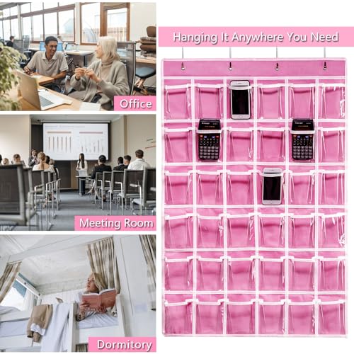 ANSTROUT 36 Clear Pockets Classroom Pocket Chart for Cell Phones, Pocket Chart Organizer for Calculator Holder with 36 Number Sticker Classroom Hanging Cell Phones Organizer (Pink)