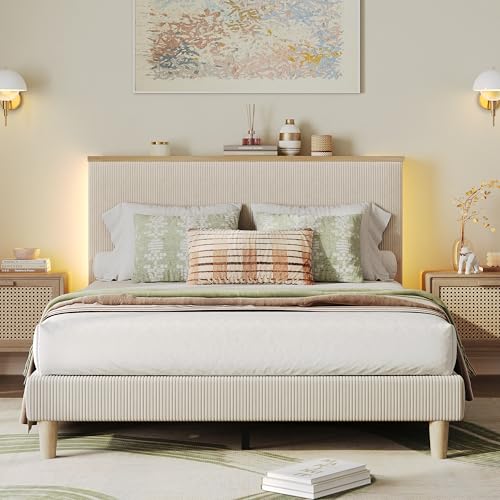 Bestier Queen Bed Frame with Storage Headboard & LED, Upholstered, Beige