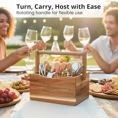 Utensil Caddy for Parties, Acacia Wood Silverware Holder for Countertop