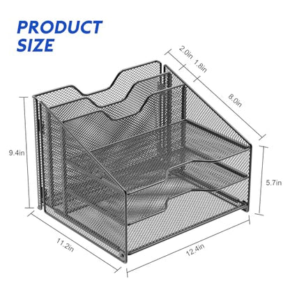 Samstar Desk File Organizer, Mesh Letter File Folder Holder with 3 Paper Trays and 2 Vertical Upright Section, for Office Supplies,Desk Accessories & Workspace,Black.