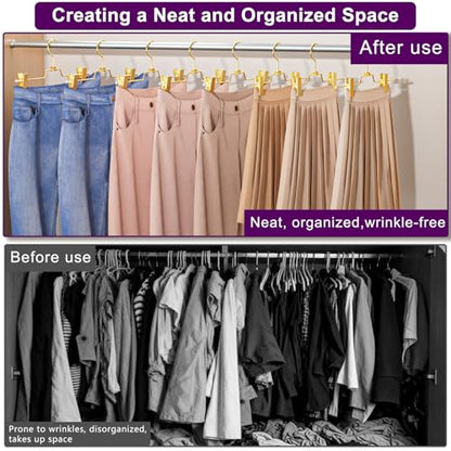 20Pack Metal Pants Hangers with 360° Swivel Cost Hook & 2 Adjustable Clips | Upgrade Heavy Duty, Space-saving Gold Skirt Hangers for Pants, Jeans, Slacks, Short Skirt