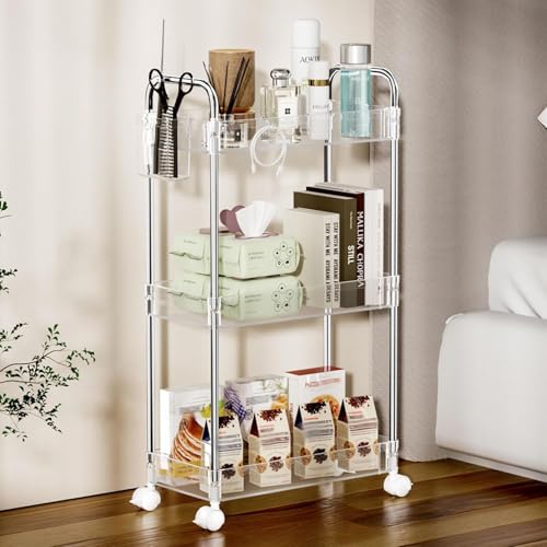 SPACEKEEPER 3 Tier Acrylic Storage Rolling Cart Clear Bathroom Cart Organizer, Transparency Laundry Room Organization Mobile Shelving Unit Multifunction Rolling Utility Cart for Office Living Room