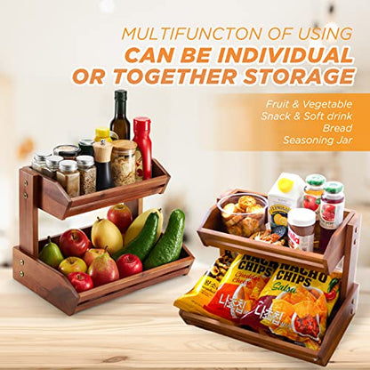 Acacia 2 Tier Fruit Basket for Kitchen Counter Organizer – Wooden Fruit Bowl & Wooden Basket for Kitchen Counter Storage, Vegetable & Produce Storage, Snack Organizer for Countertop (Acacia)