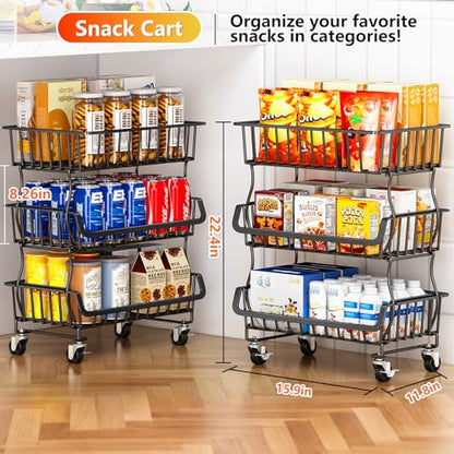 Gsiekare 3-Tier Rolling Pantry Organizer and Storage Cart with Wheels | Stackable wire pantry baskets for pantry shelves, fruit basket stand, easy to move, storage rack for food snack onion potato