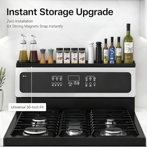 30" Magnetic Stove Top Shelf, Silicone Over the Stove Spice Rack Organizer | Heat Resistant Silicone, Anti-Rattle No-Scratch Range Shelf, 3 Functional Partitions Kitchen Storage for Spices