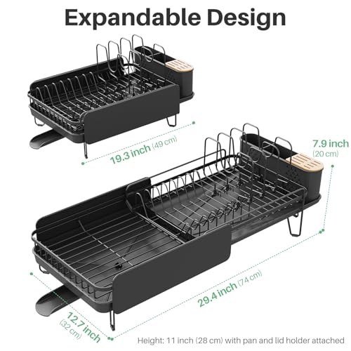 Large Expandable Dish Drying Rack for Kitchen Counter, 19.3-29.4 in, Black | Family Size Capacity, Adjustable Dividers for Pan, Lid & Cutting Board, Stainless Steel, Rotating Spout, Utensil Holder