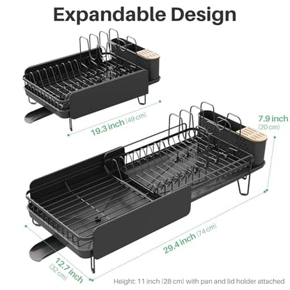 Large Expandable Dish Drying Rack for Kitchen Counter, 19.3-29.4 in, Black | Family Size Capacity, Adjustable Dividers for Pan, Lid & Cutting Board, Stainless Steel, Rotating Spout, Utensil Holder