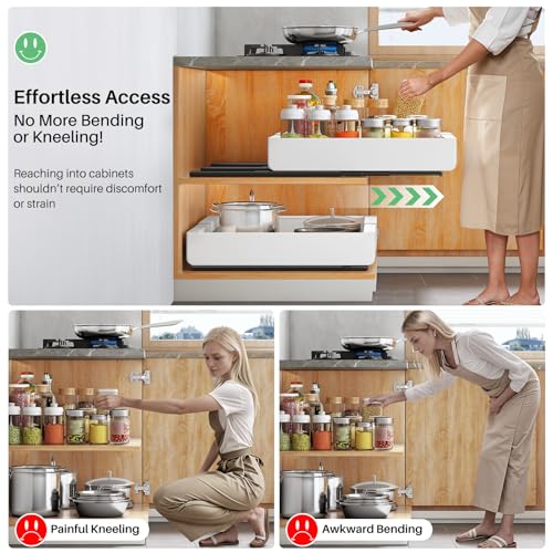 Pull out Cabinet Organizer, 2-pack, Expandable(12"-20") Heavy Duty Slide out Drawers Fixed with Adhesive Nano Film for Pots, Roll out Shelf Storage for Kitchen Base Cabinet Organization(3 Rails)