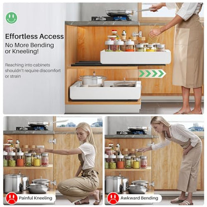 Pull out Cabinet Organizer, 2-pack, Expandable(12"-20") Heavy Duty Slide out Drawers Fixed with Adhesive Nano Film for Pots, Roll out Shelf Storage for Kitchen Base Cabinet Organization(3 Rails)