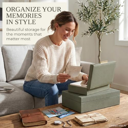 ZICOTO Decorative Storage Boxes with Lids – Set of 2 Beautiful PU Leather Organizer Bins for Your Bookshelf Home Decor - Safely Store Photos, Documents and Memory Box Keepsakes in Style