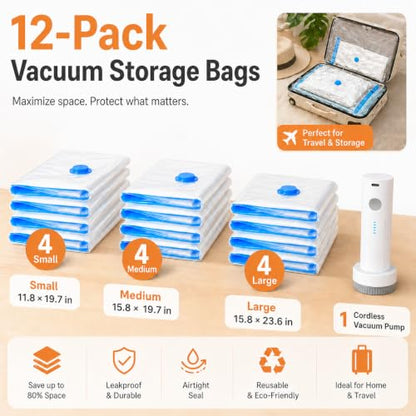 12 Pack Vacuum Bags for Travel with Rechargeable Air Pump, Carry-On Compression Bags for Luggage and Suitcase, Space Saver Storage for Clothing and Travel Organization