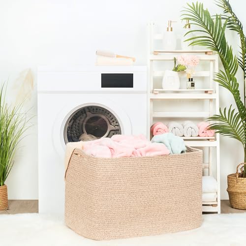 112L Extra Large Blanket Basket Holder Living Room, 25"x17"x16" Rectangle Rope Woven Storage Basket with Handles for Laundry, Towels, Shoes, Dog Toy Organizer Bin Box, Oatmeal Brown