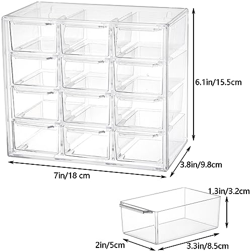 2 Pack Mini Desk Organizer with 12 Removable Drawers, Clear Plastic Desktop Drawer Organizer, Desk Craft Storage Box for DIY Crafts, Art Supply, Office, Cosmetic, Jewelry
