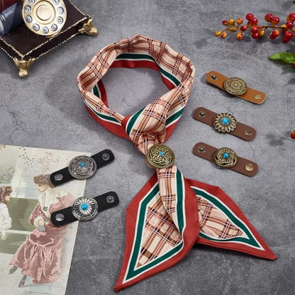 PH PandaHall 6 Styles Leather Scarf Ring Clasp Clips Flower Scarf Ring 3 Inch Long Vintage Neckerchief Slide Decorative Bandanas Clip for Women Clothing Neckerchief Wrap Shawl Holder Accessories