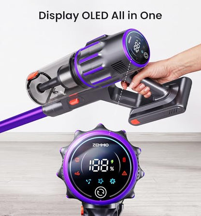 90Mins Cordless Vacuum Cleaner,Upgraded 650W 55KPA Cordless Stick Vacuum with Smart Display,1.8L Cup,V-Shaped Anti-Tangle Brush,Wall Mount Charging,Self-Standing Vacuum Cleaners for Home,Floor,Carpet