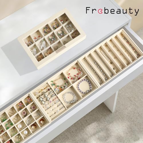 Stackable Jewelry Trays,Set of 4 Jewelry Organizer for Drawer | Glass Lid,Removable Dividers,Real Stackable Design,Velvet Material,Drawer Inserts,Jewelry Box for Earring Rings and Necklace