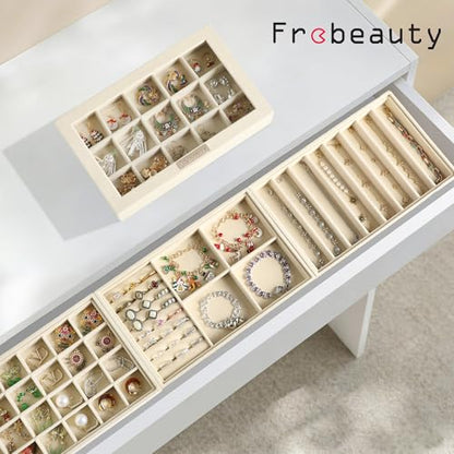 Stackable Jewelry Trays,Set of 4 Jewelry Organizer for Drawer | Glass Lid,Removable Dividers,Real Stackable Design,Velvet Material,Drawer Inserts,Jewelry Box for Earring Rings and Necklace