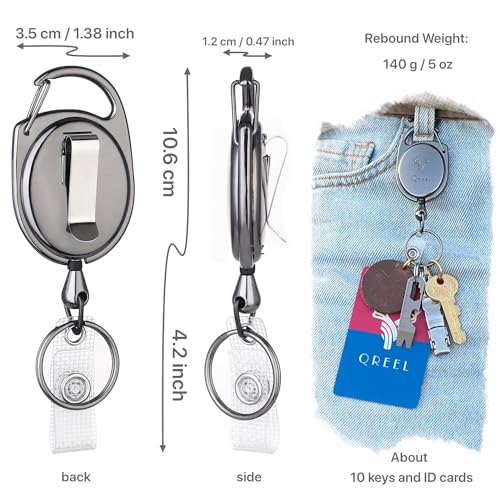 QREEL Heavy Duty Badge Reel, ID Badge Holder Retractable Keychain, 2 Pack | with Carabiner, Belt Clip, Key Ring, All Metal Casing with 24" Steel Cord, 8.0 OZ, Name Tag Holder for Nurse, Office Worker