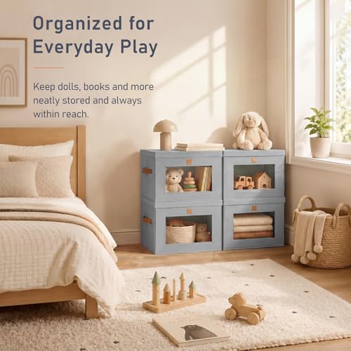 DIMJ Storage Bins with Lids - 6 Pack Front Opening Stackable Fabric Storage Boxes with Clear Window & Handles, Collapsible Closet Organizers for Clothes, Sweaters, Shelf Storage, Bedroom, Gray