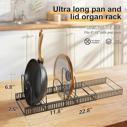 Pots and Pans Organizer Rack for Under Cabinet Expandable Pot Lid holders inside Organizer 10 Adjustable Divider Pan organizer 11.81''-22.85'' Pan lid organizer for cabinet Organizer for Bakeware