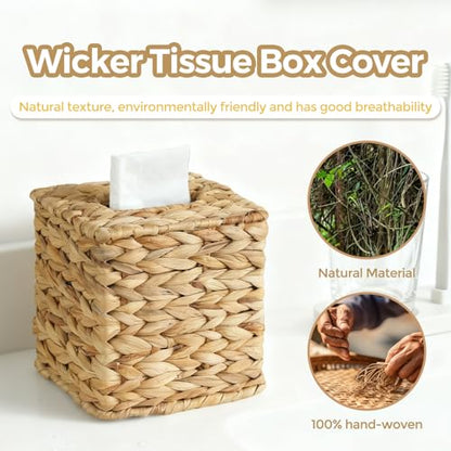 Wicker Tissue Box Cover, Rattan Tissue Box Holder Square | Boho Decorative Woven Water Hyacinth Cube Tissue Holders for Bathroom Living Room Kitchen