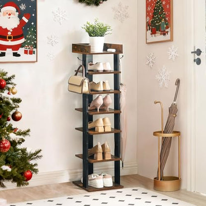 HOOBRO Vertical Shoe Rack for Front Door Entryway, 7 Tier Wooden Shoe Storage Organizer with Hooks, Narrow Shoe Tower for 7 Pairs, Space Saving, for Corner, Closet, Bedroom, Rustic Brown BF61XJ01