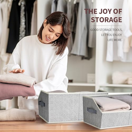 Closet Organizers Bins 6 Packs - Large Closet Shelf Organizer with Handles, Fabric Trapezoid Storage Bins, Collapsible Storage Cubes for Clothes, Towels, Light Gray