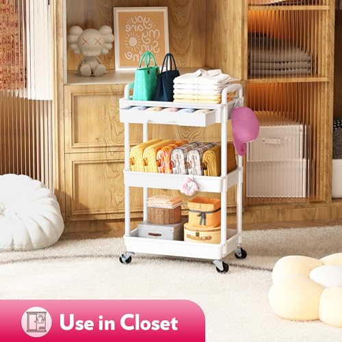 SUNALLY Makeup Cart Organizer with Drawer,3 Tier Rolling Makeup Cart, White | Rolling Vanity Storage for Skin Care Perfume Nail Polish, Floor Skincare Organizers Cosmetics Display Bathroom Storage Cart