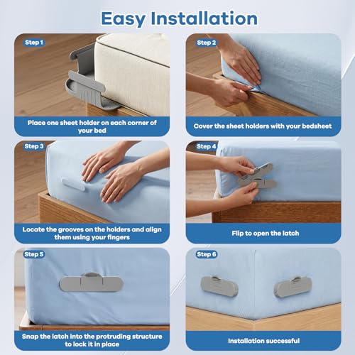 Bed Sheet Holders for Corners, New Upgrade Fitted Sheet Holder Keep Sheets Firm & Tight, Bed Fitted Sheet Holder for Corners, Lock Design, Easy Installation for Any Mattress Sizes Gray 4PCS