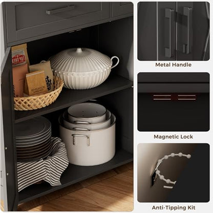 Coffee Bar Storage Cabinet with Drawers, Kitchen Buffet Cabinet | Sideboard Cabinet with Doors, Farmhouse Buffet Cabinet, Adjustable Shelves, for Kitchen / Dining / Living Room, Black