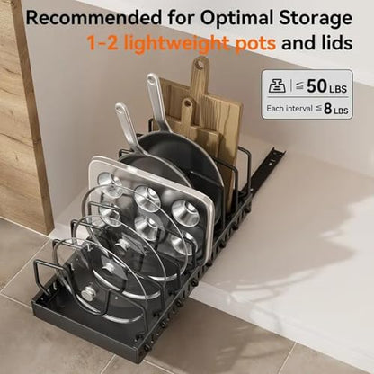 AmoiChic 2 Pack Pull Out Cabinet Organizer for Pots and Pans, Black Storage Rack with 8 Adjustable Dividers, Kitchen Cabinet Organizer for Pot Lids, Bakeware, Dishes Storage
