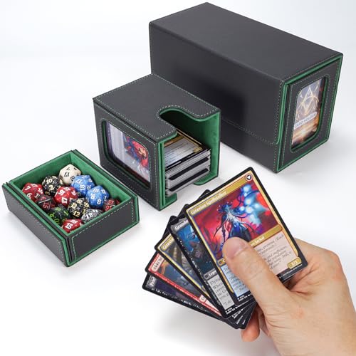AFIING MTG Commander Card Storage Box - Fits 200 Double Sleeved Cards,3-in-1Card Deck Case,Strong Magnet Card Organizer For Magic Commander TCG CCG,4Dividers &2 Toploaders, Black/Green