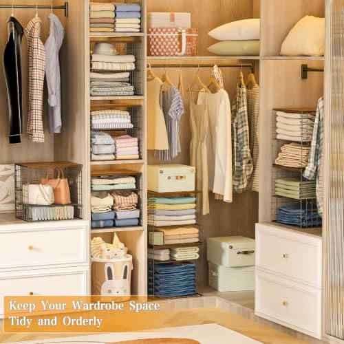 Huxitocan 4-Tier Stackable Closet Organizers and Storage Shelves, Closet Storage Basket with Wood Tops, Adjustable Height Dividers Closet Storage Bins for Home Closet Organizer System, Black