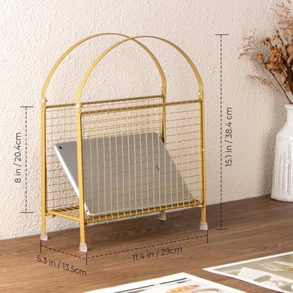 Freestanding Magazine Holder, Metal Magazine Rack Floor Stand | Modern Touch Handbag Design, for Magazine, Newspaper, Books, Vinyl Record (Gold)