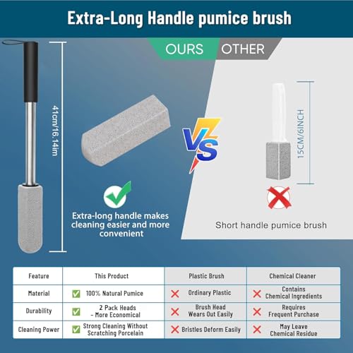 2 Pack Pumice Toilet Cleaner,16.14in Long Handle Toilet Scrubber | 2-pack natural pumice set. Removes hard water, rust & limescale. Safe for toilet, tub, tile, sink & BBQ. 16.14" handle