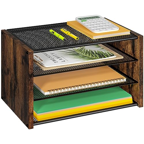DAOUTIME 3-Tier Paper Letter Tray, Wooden Desk File Organizer, Stackable Metal Mesh Desk Organizer for Office Supplies. Small Paper Trays for Home Office School, Rustic Brown