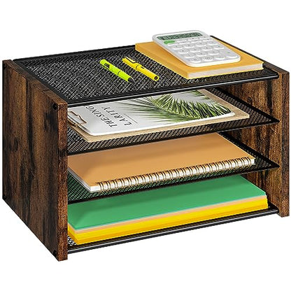 DAOUTIME 3-Tier Paper Letter Tray, Wooden Desk File Organizer, Stackable Metal Mesh Desk Organizer for Office Supplies. Small Paper Trays for Home Office School, Rustic Brown